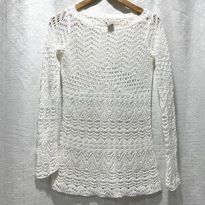 Caché Crochet Sweater Womens XS White Long Sleeve Top Boho Cottage 90s Beach